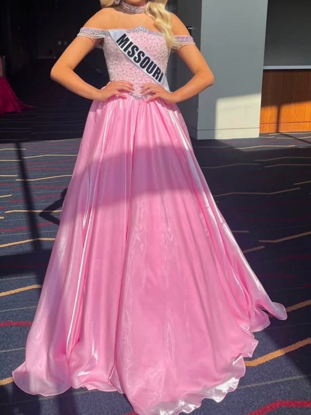 Rachel Allan Pink Off-Shoulder Beaded Prom Gown